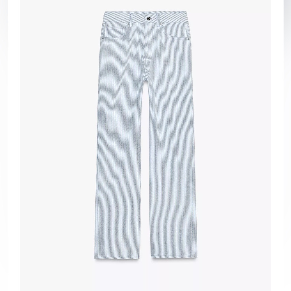 Zara Blue and White Striped Print Straight Cut Pants NWT Size 6